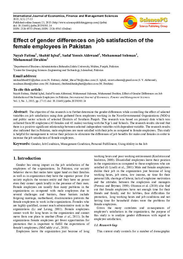 (PDF) Effect of Gender Differences on Job Satisfaction of the Female ...