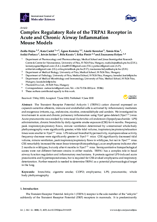 (PDF) Complex Regulatory Role of the TRPA1 Receptor in Acute and ...