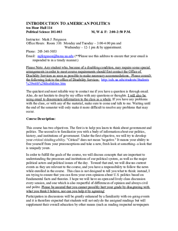 (DOC) PSC 101 Intro American Government