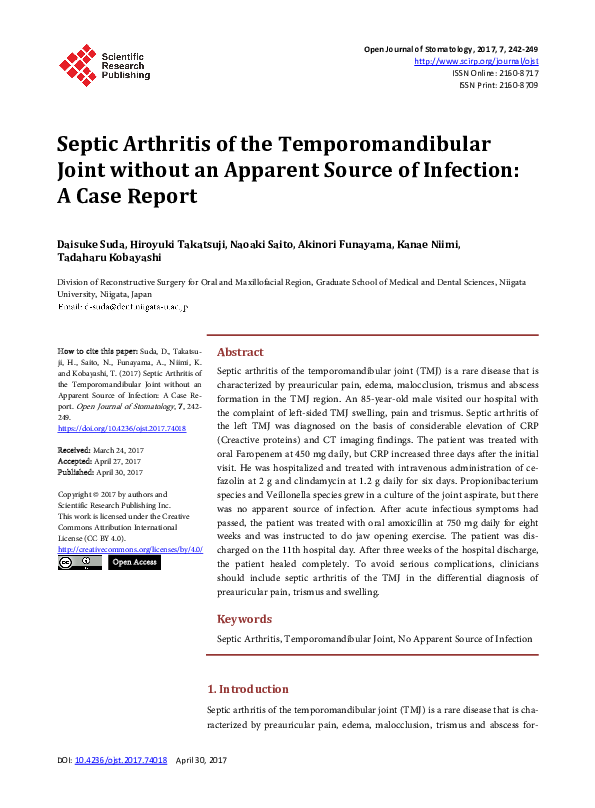 (PDF) Septic Arthritis of the Temporomandibular Joint without an ...