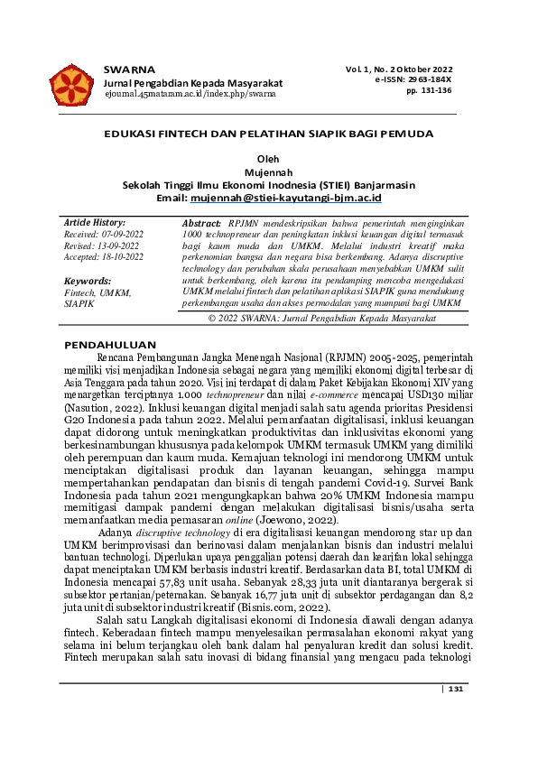 (PDF) Edukasi Fintech Dan Pelatihan Siapik Bagi Pemuda