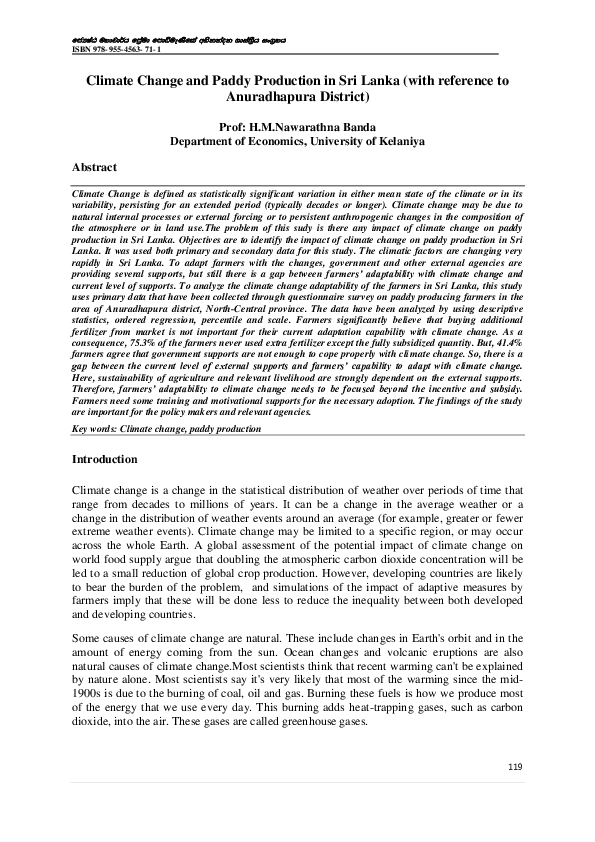 (PDF) Climate Change and Paddy Production in Sri Lanka (with reference ...