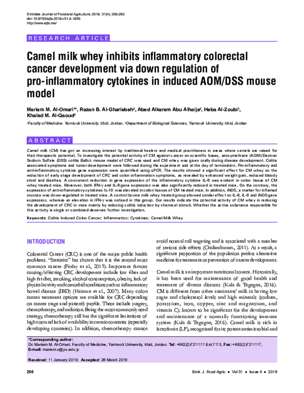 (PDF) Camel milk Whey Inhibits Inflammatory Colorectal Cancer ...