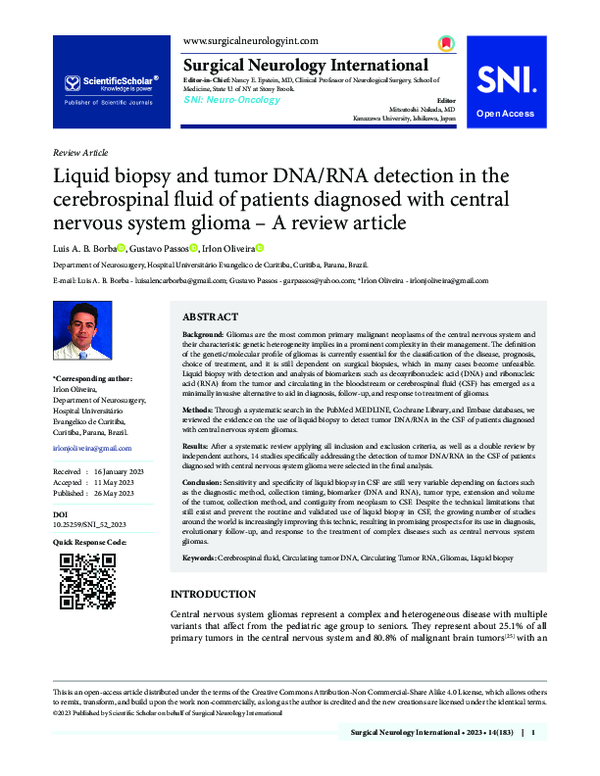 (PDF) Liquid biopsy and tumor DNA/RNA detection in the cerebrospinal ...