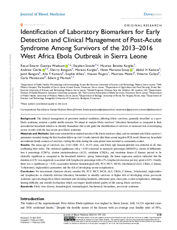 (PDF) Identification of Laboratory Biomarkers for Early Detection and ...