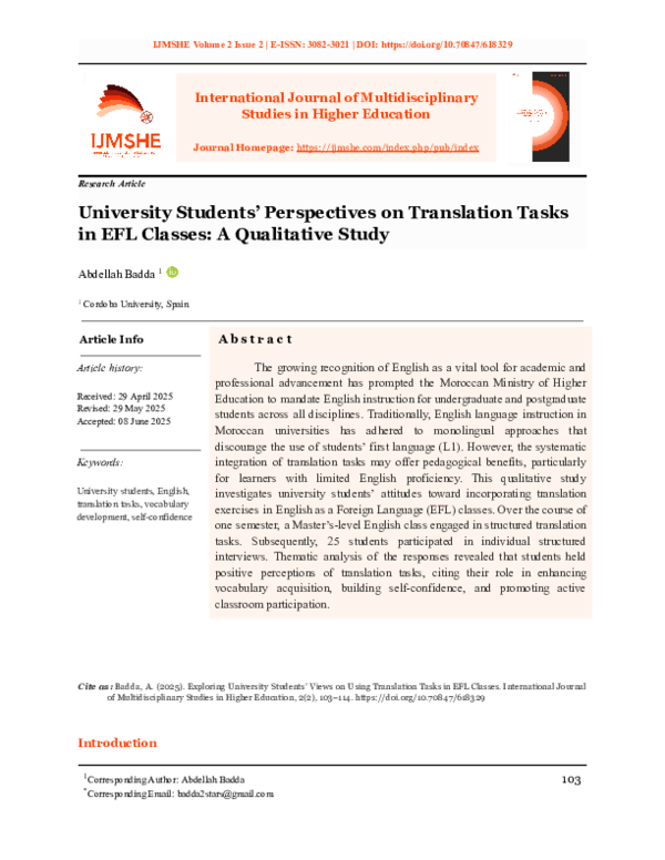 (PDF) University Students’ Perspectives on Translation Tasks in EFL ...