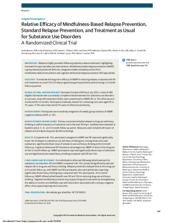 (PDF) Relative Efficacy of Mindfulness-Based Relapse Prevention ...