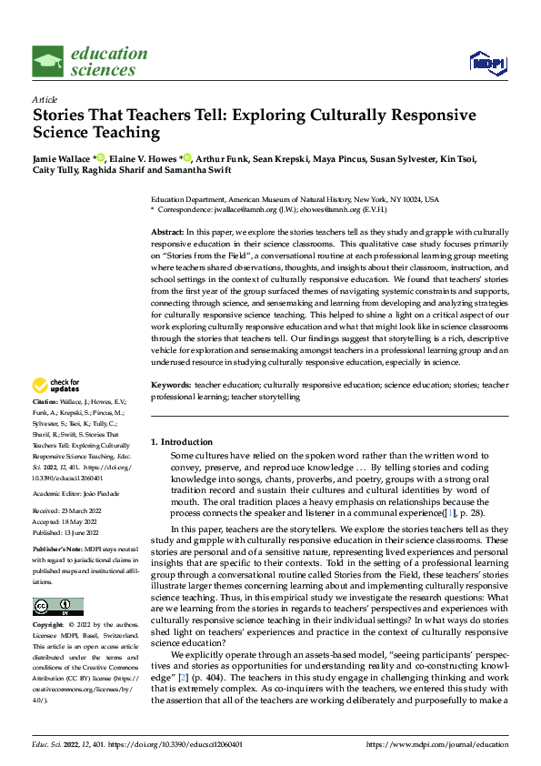 (PDF) Stories That Teachers Tell: Exploring Culturally Responsive ...