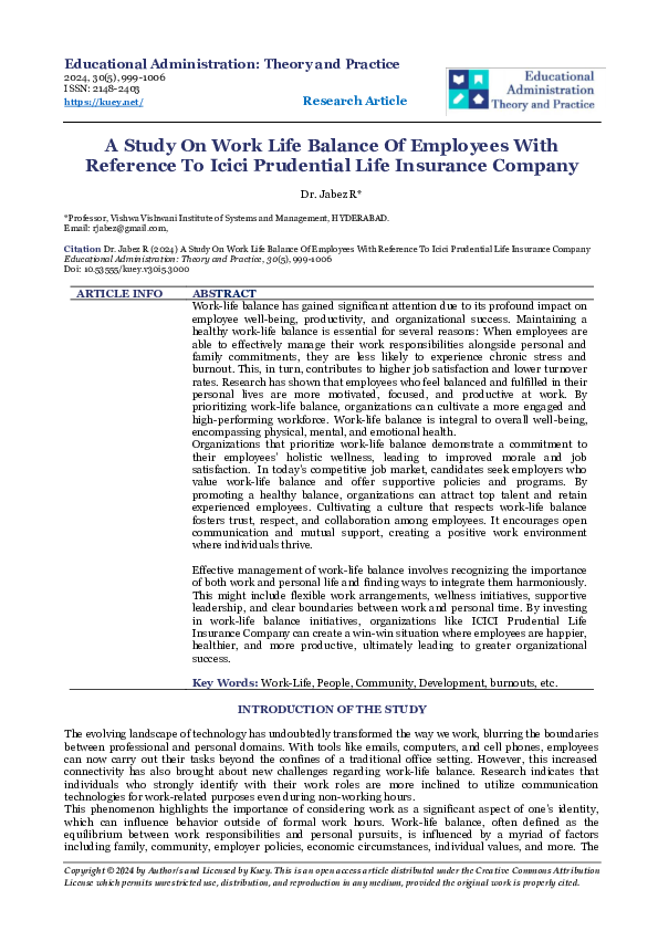 (PDF) A Study On Work Life Balance Of Employees With Reference To Icici ...