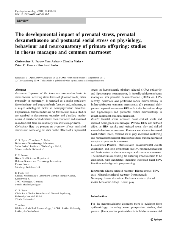 (PDF) The developmental impact of prenatal stress, prenatal ...