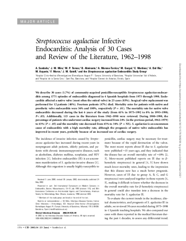 (PDF) Streptococcus agalactiaeInfective Endocarditis: Analysis of 30 ...