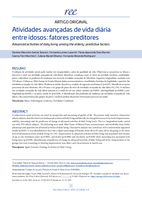 (PDF) Advanced activities of daily living among the elderly: predictive ...