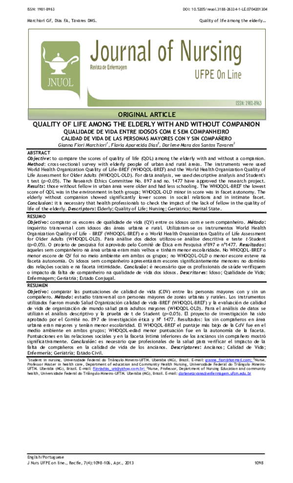 (PDF) Quality of life among the elderly with and without companion