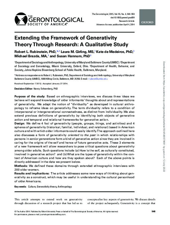 (PDF) Extending the Framework of Generativity Theory Through Research ...