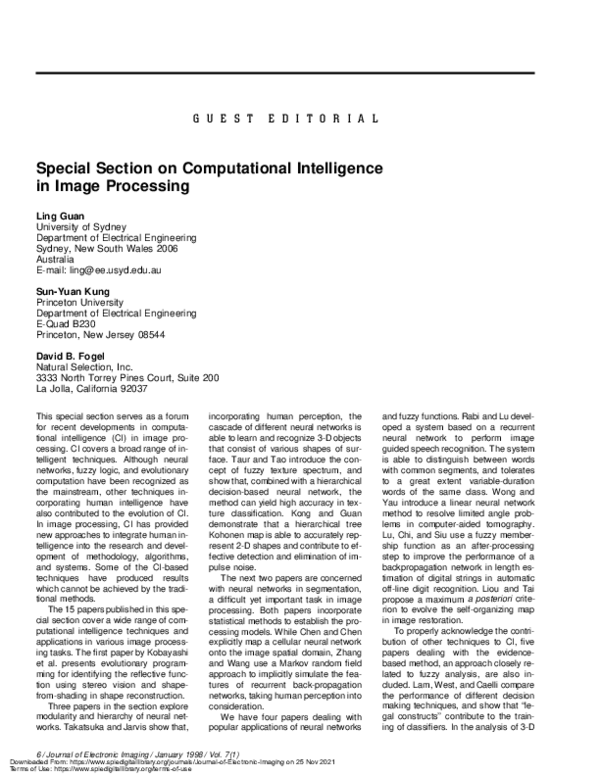 (PDF) Guest Editorial: Special Section on Computational Intelligence in ...