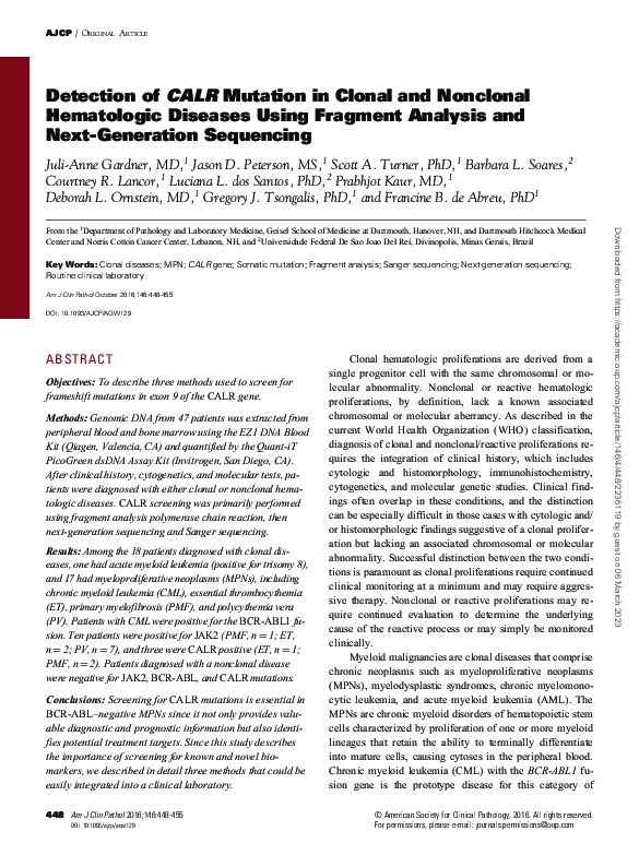 (PDF) Detection of CALR Mutation in Clonal and Nonclonal Hematologic ...
