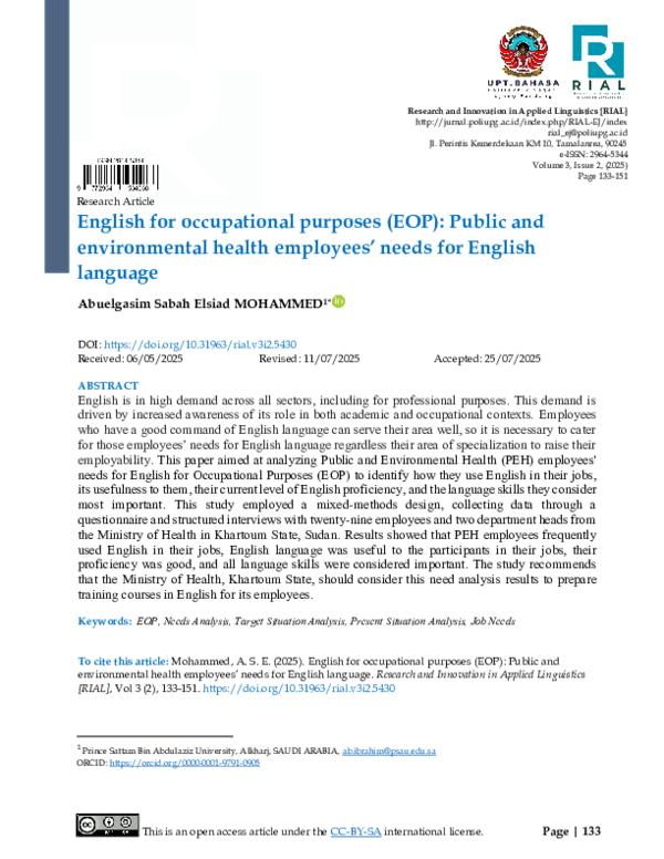 PDF) English for occupational purposes (EOP): Public and