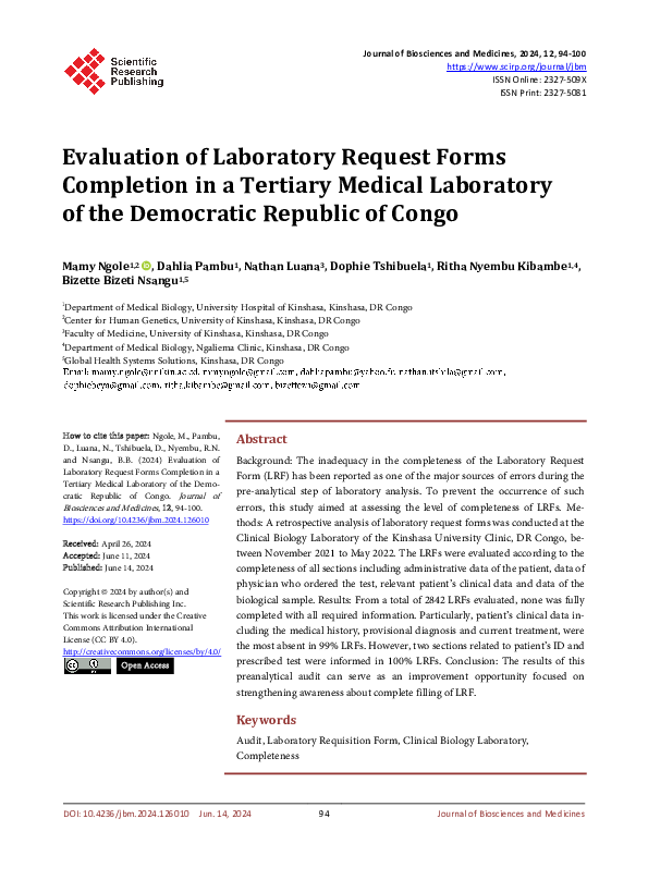 (PDF) Evaluation of Laboratory Request forms Completion in a Tertiary ...