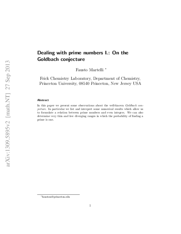 (PDF) Dealing with prime numbers I.: On the Goldbach conjecture