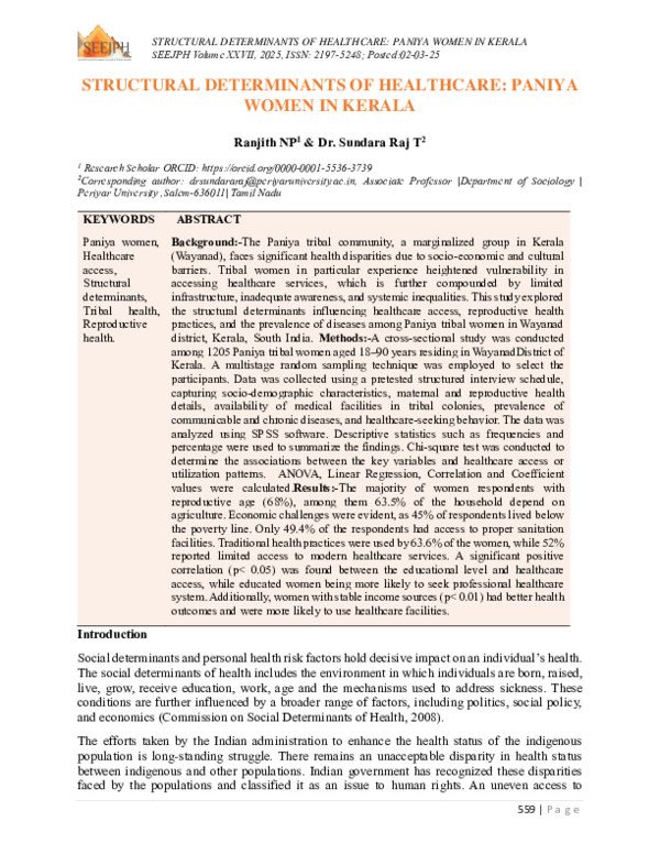 (PDF) STRUCTURAL DETERMINANTS OF HEALTHCARE: PANIYA WOMEN IN KERALA