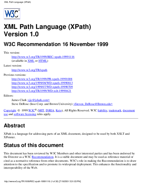 (PDF) XML path language (XPath) version 1.0