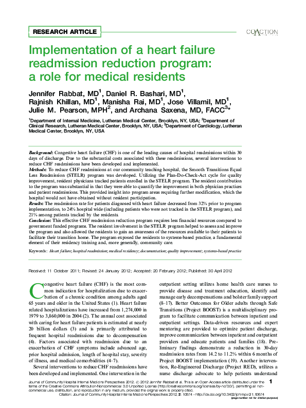 (PDF) Implementation of a heart failure readmission reduction program ...