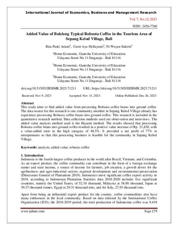 (PDF) Added Value of Buleleng Typical Robusta Coffee in the Tourism ...
