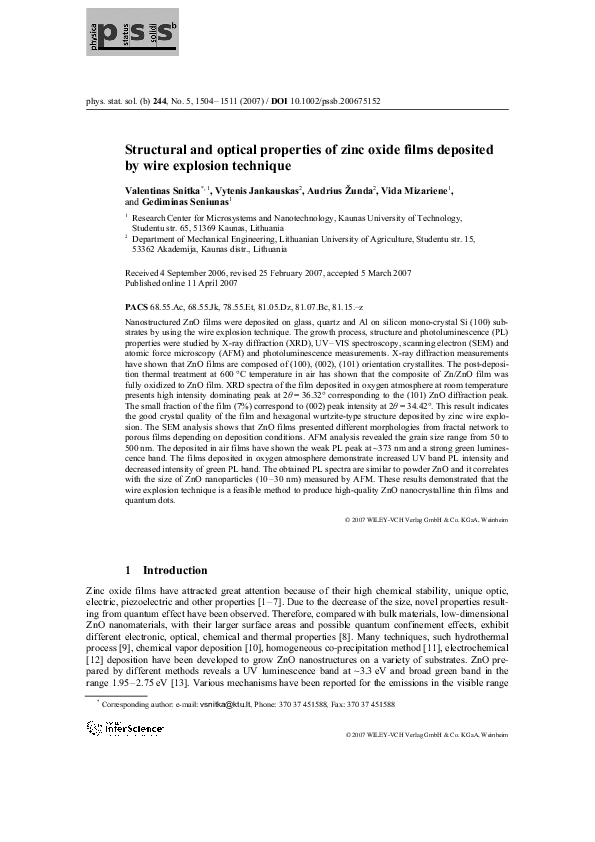 (PDF) Structural and optical properties of zinc oxide films deposited ...
