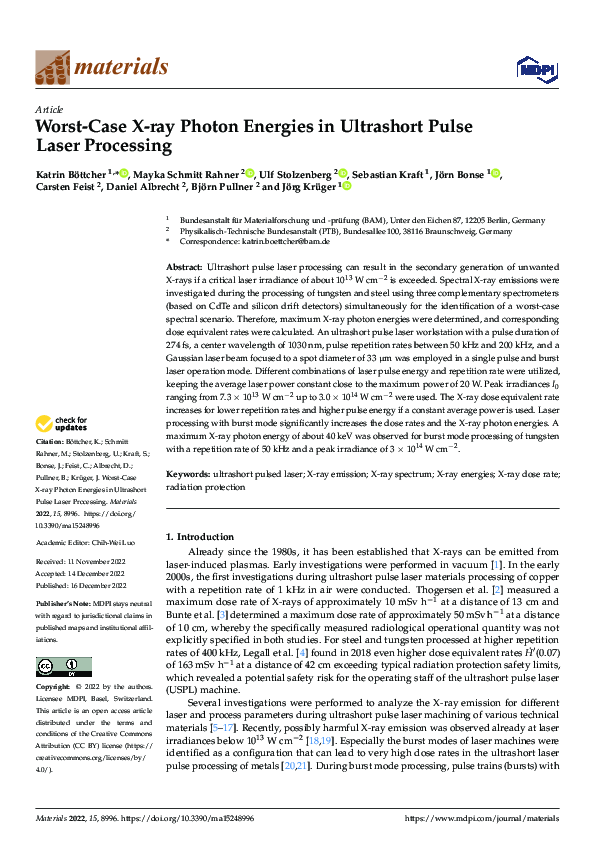 (PDF) Worst-Case X-ray Photon Energies in Ultrashort Pulse Laser Processing