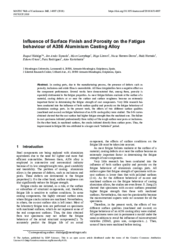(PDF) Influence of Surface Finish and Porosity on the Fatigue behaviour ...