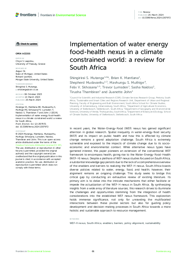 (PDF) Implementation of water energy food-health nexus in a climate ...