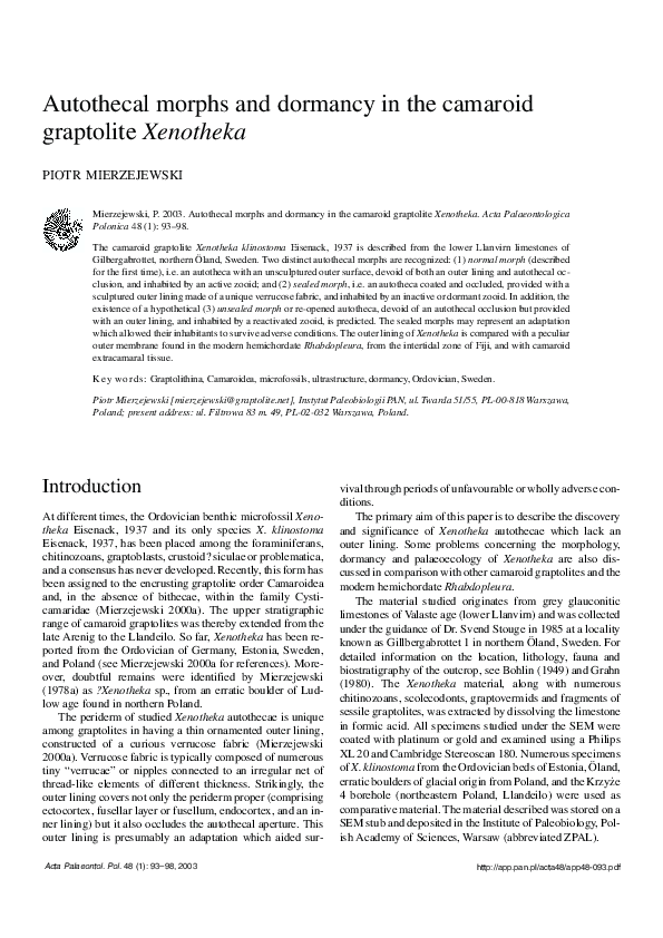 (PDF) Autothecal morphs and dormancy in the camaroid graptolite Xenotheka