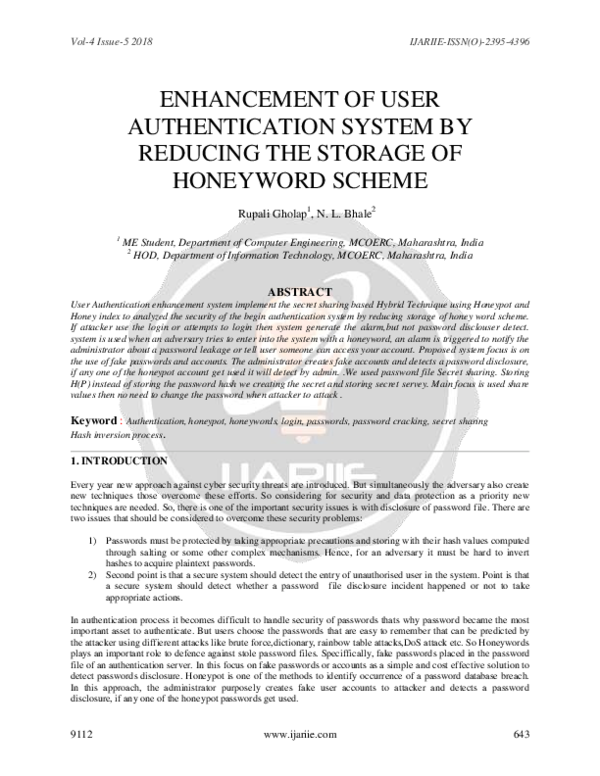 (PDF) Enhancement of User Authentication System by Reducing the Storage ...