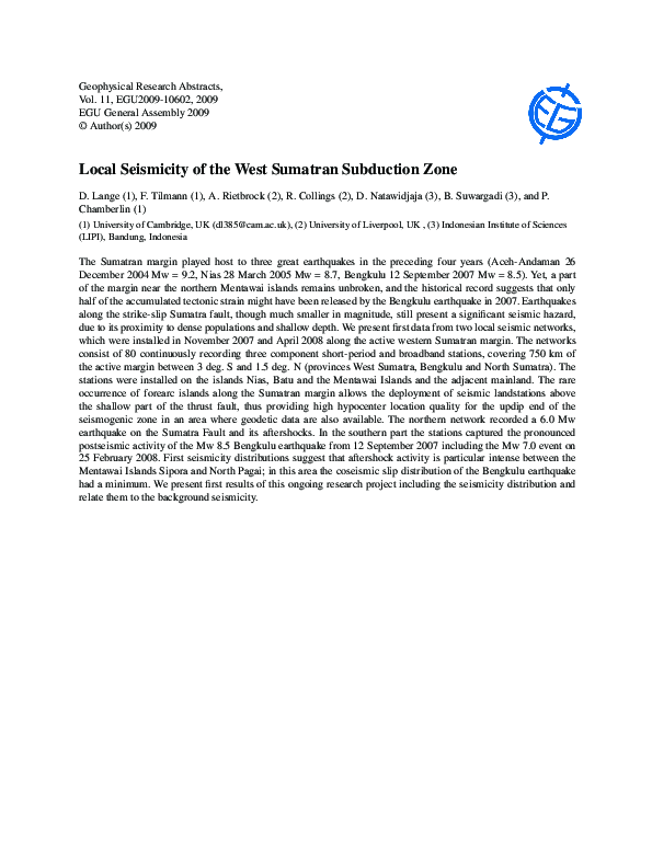 (PDF) Local seismicity of the West Sumatran subduction zone