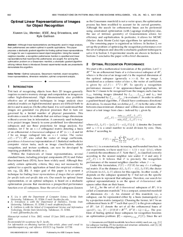 (PDF) Optimal linear representations of images for object recognition