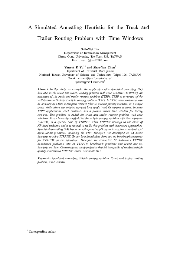 (PDF) A simulated annealing heuristic for the truck and trailer routing ...