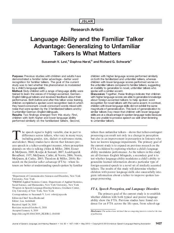 (PDF) Language Ability and the Familiar Talker Advantage: Generalizing ...