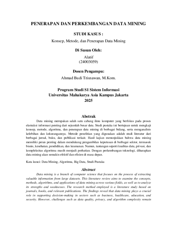 (PDF) PENERAPAN DAN PERKEMBANGAN DATA MINING