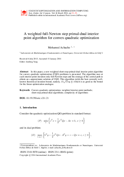 (PDF) A weighted full-Newton step primal-dual interior point algorithm ...