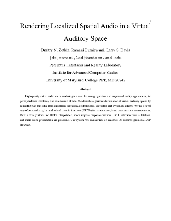 (PDF) Rendering Localized Spatial Audio in a Virtual Auditory Space