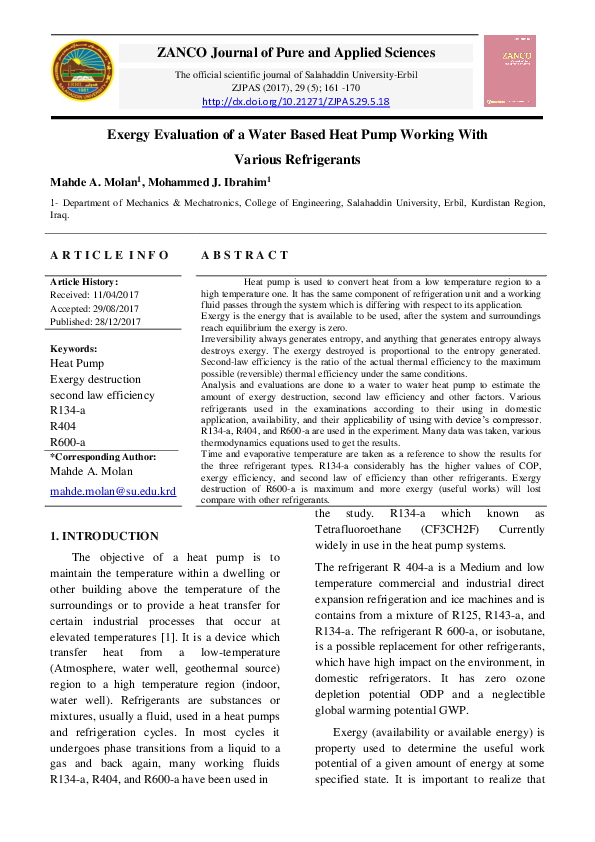 (PDF) Exergy Evaluation of a Water Based Heat Pump Worki̇ng Wi̇th ...