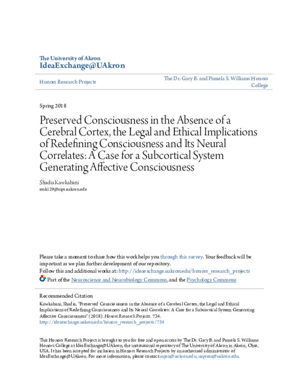 (PDF) Preserved Consciousness in the Absence of a Cerebral Cortex, the ...