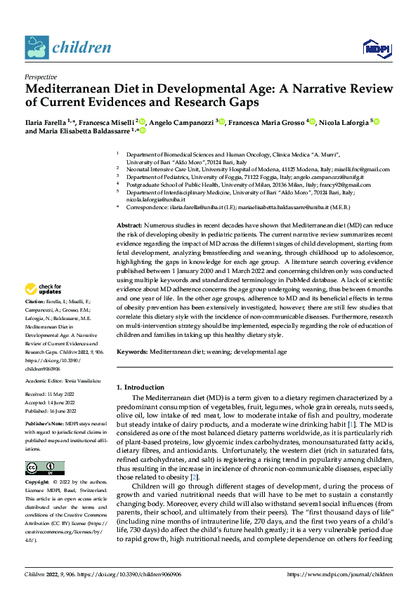 (PDF) Mediterranean Diet in Developmental Age: A Narrative Review of ...