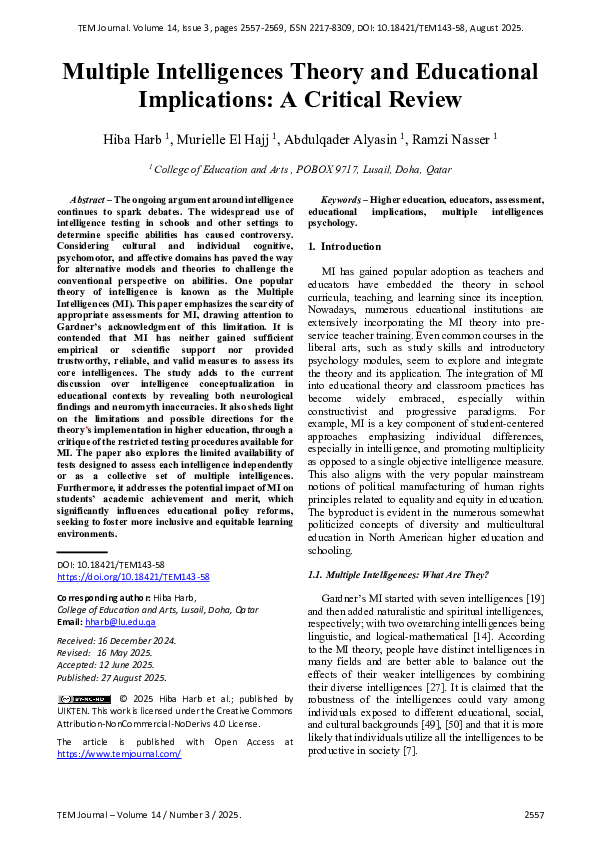 (PDF) Multiple Intelligences Theory and Educational Implications: A ...