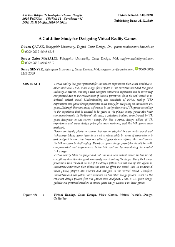 (PDF) A Guideline Study For Designing Virtual Reality Games