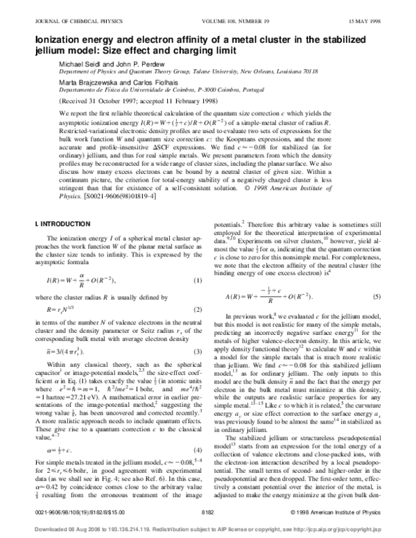 (PDF) Ionization energy and electron affinity of a metal cluster in the ...