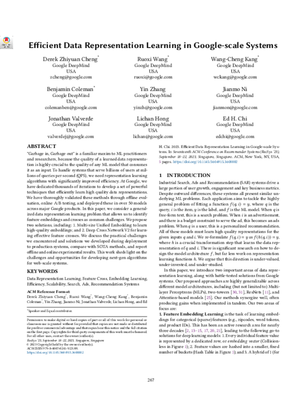(PDF) Efficient Data Representation Learning in Google-scale Systems