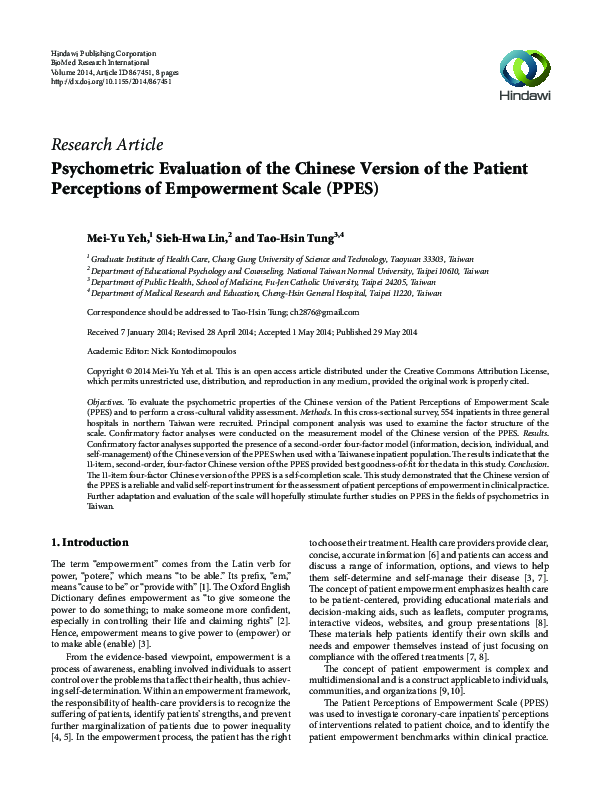 (PDF) Psychometric Evaluation of the Chinese Version of the Patient ...