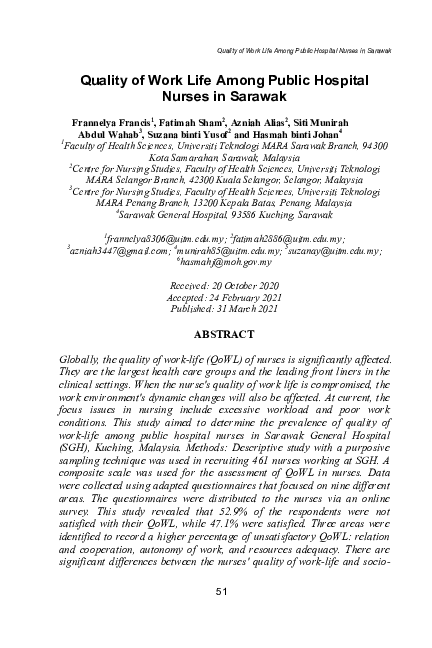 (PDF) Quality of Work Life Among Public Hospital Nurses in Sarawak