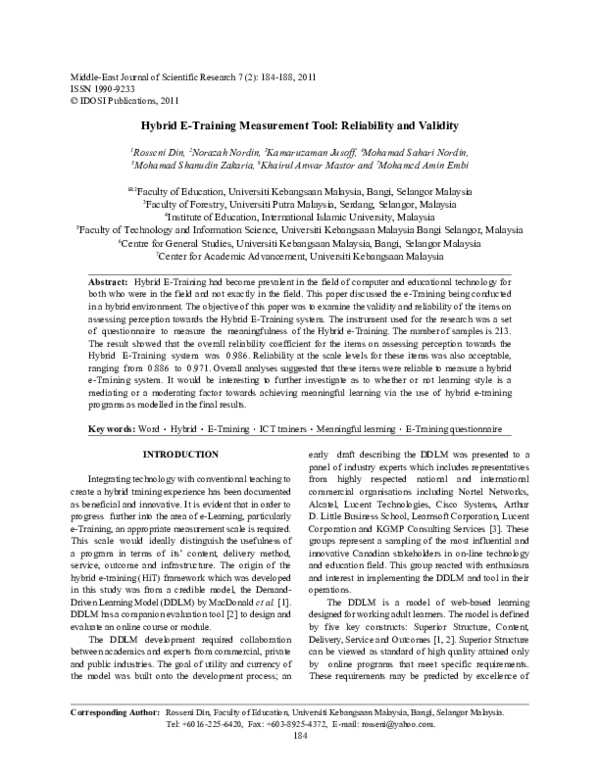 (PDF) Hybrid E-training measurement tool: reliability and validity